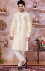 Ideal Golden Color Banarasi Fabric Sherwani