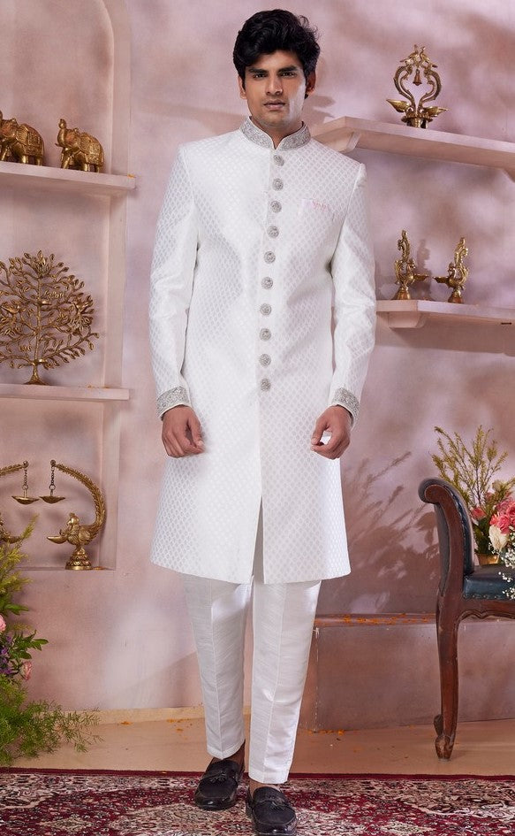 Ideal Cream Color Banarasi Fabric Sherwani