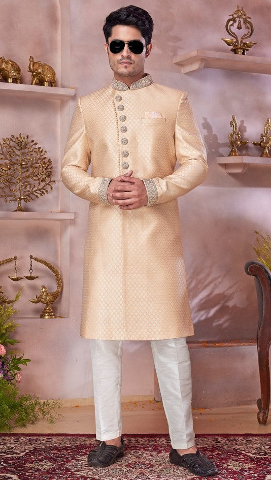 Ideal Golden Color Banarasi Fabric Sherwani