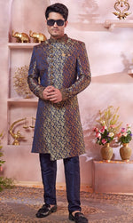 Ideal Blue Color Banarasi Fabric Sherwani