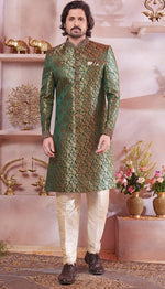 Ideal Green Color Banarasi Fabric Sherwani