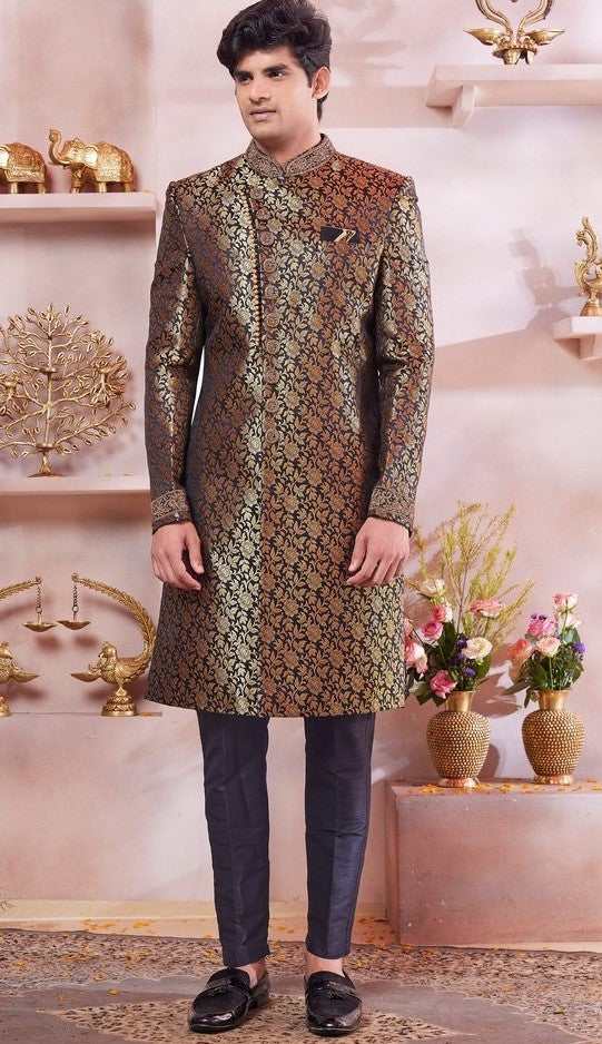 Ideal Black Color Banarasi Fabric Sherwani