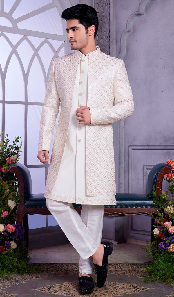 Amazing Cream Color Art Silk Fabric Kurta Pajama and Jacket