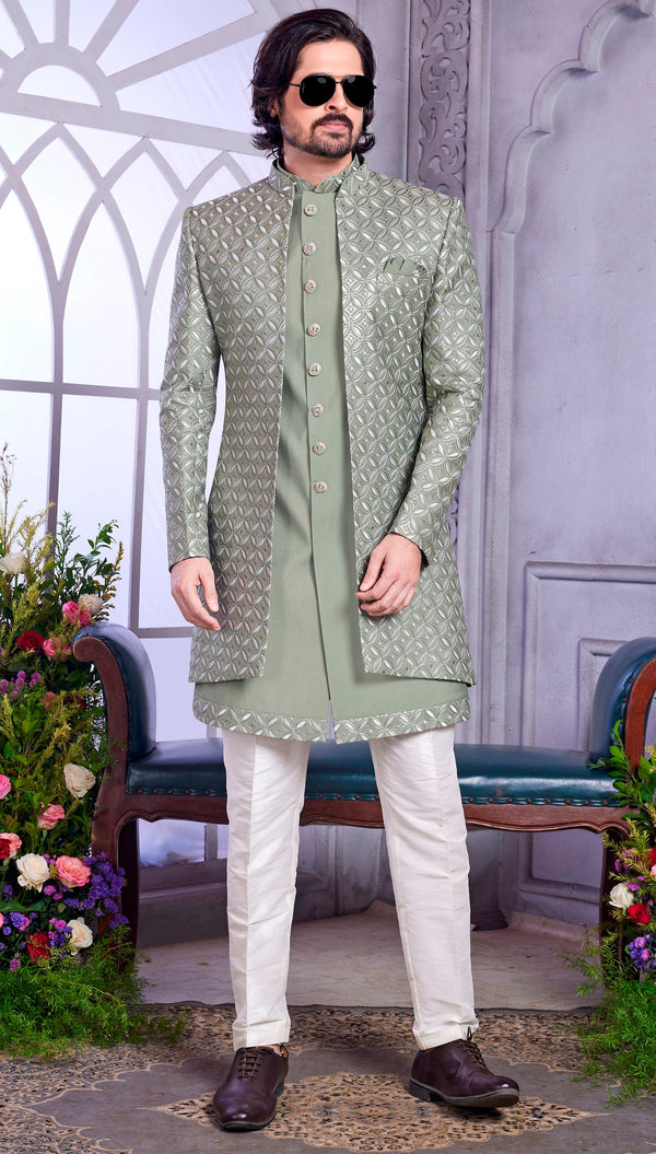 Amazing Green Color Art Silk Fabric Kurta Pajama and Jacket