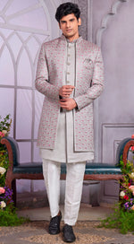 Amazing Grey Color Art Silk Fabric Kurta Pajama and Jacket