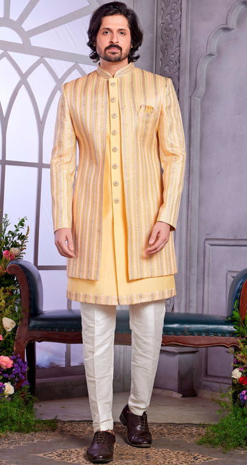 Amazing Yellow  Color Art Silk Fabric Sherwani