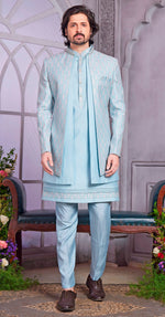 Amazing Aqua Color Art Silk Fabric Kurta Pajama and Jacket