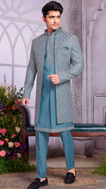 Amazing Teal Color Art Silk Fabric Kurta Pajama and Jacket