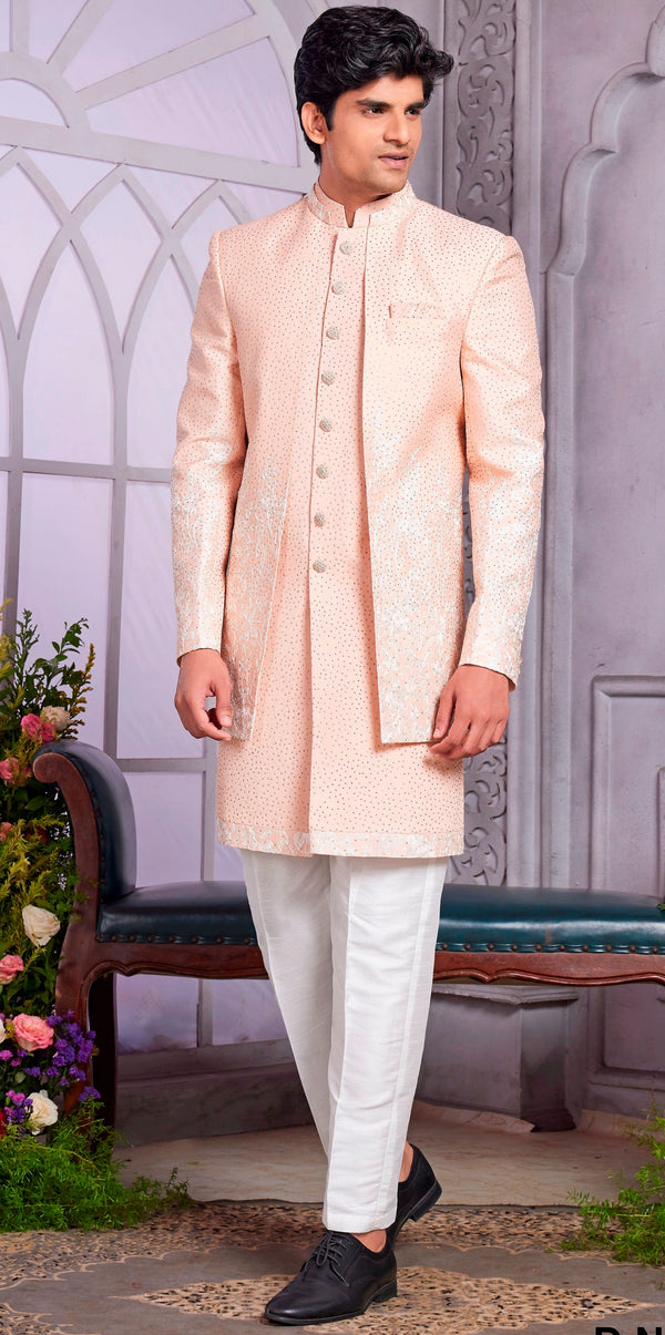 Amazing Peach Color Art Silk Fabric Kurta Pajama and Jacket