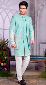 Amazing Turquoise Color Art Silk Fabric Kurta Pajama and Jacket