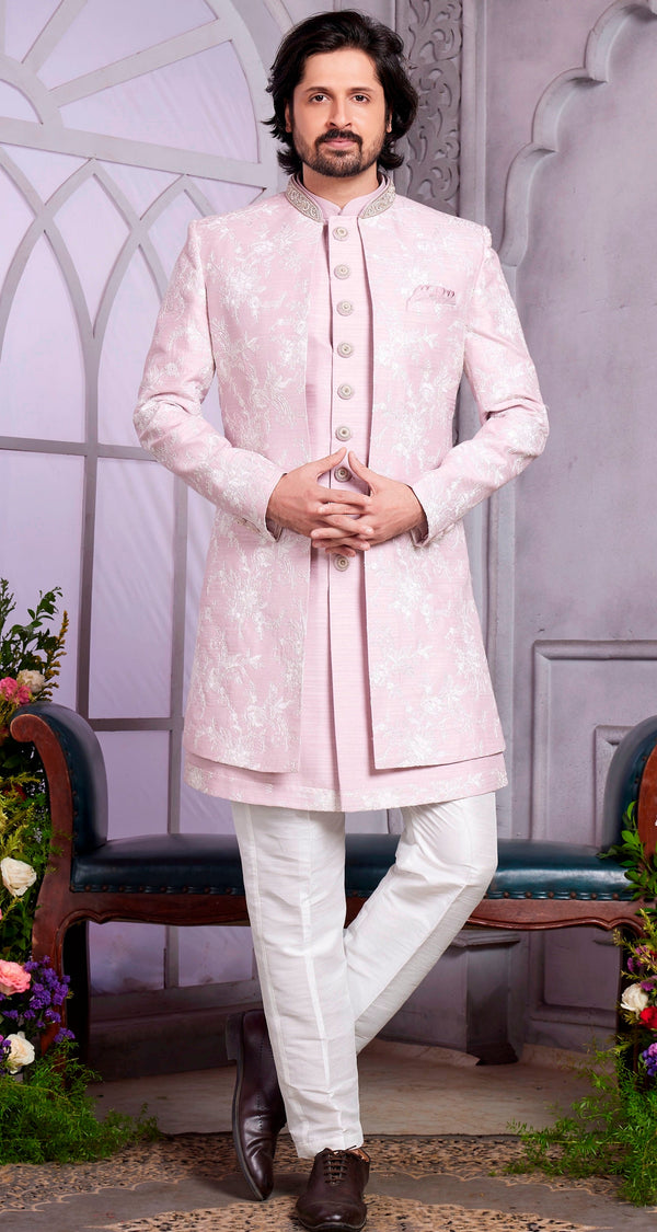 Amazing Pink Color Art Silk Fabric Kurta Pajama and Jacket