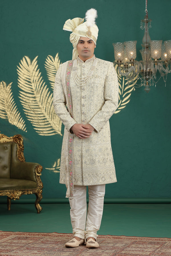Elegant Cream Color Art Silk Fabric Sherwani
