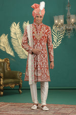 Elegant Red Color Art Silk Fabric Sherwani