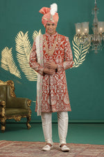 Elegant Red Color Art Silk Fabric Sherwani