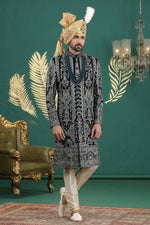Elegant Navy Blue Color Art Silk Fabric Sherwani