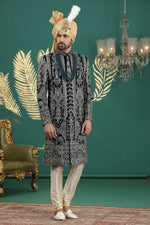 Elegant Navy Blue Color Art Silk Fabric Sherwani