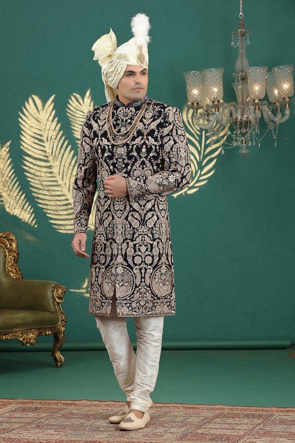 Elegant Black Color Art Silk Fabric Sherwani