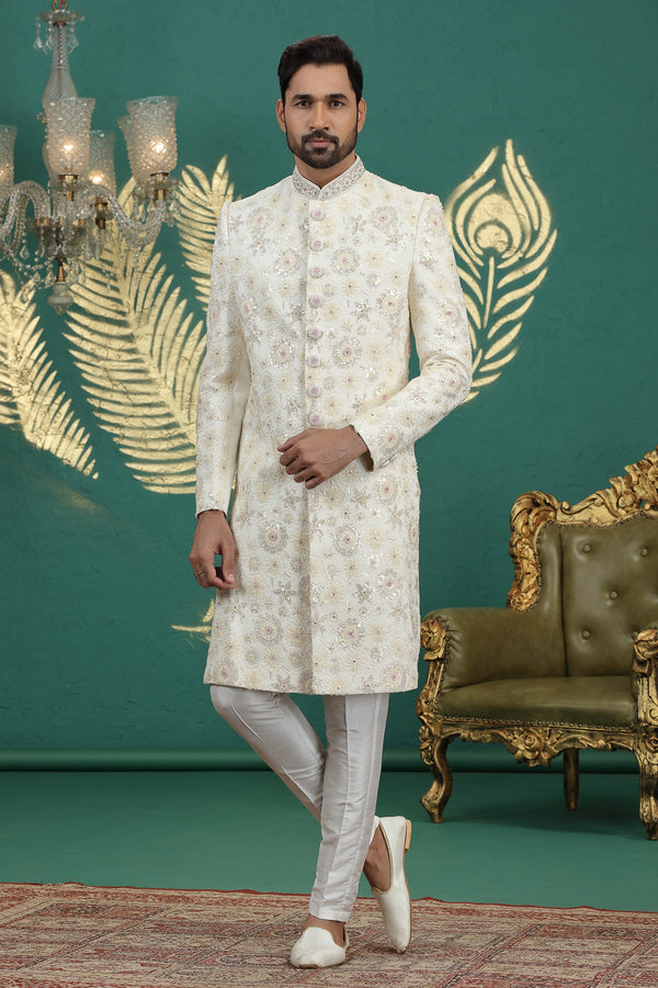 Elegant Cream Color Art Silk Fabric Sherwani