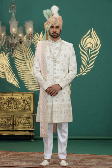 Elegant Cream Color Art Silk Fabric Sherwani