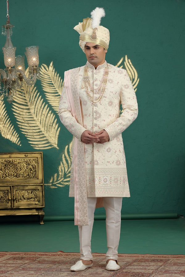 Elegant Cream Color Art Silk Fabric Sherwani