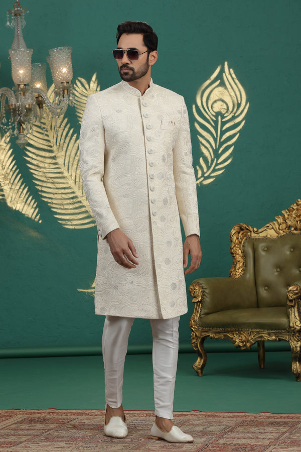 Elegant Cream Color Art Silk Fabric Sherwani