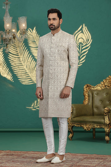Elegant Beige Color Art Silk Fabric Sherwani