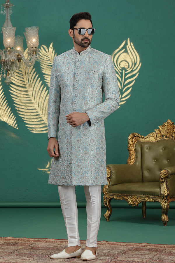 Elegant Aqua Color Art Silk Fabric Sherwani