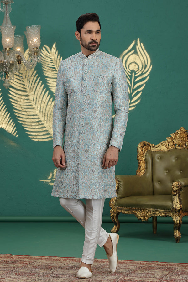 Elegant Aqua Color Art Silk Fabric Sherwani