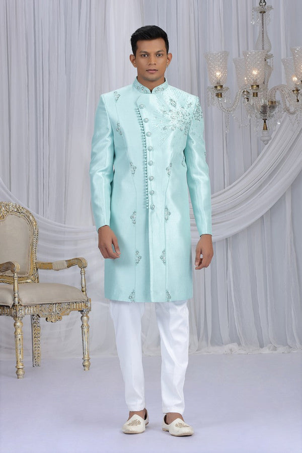 Elegant Navy Blue Color Art Silk Fabric Sherwani