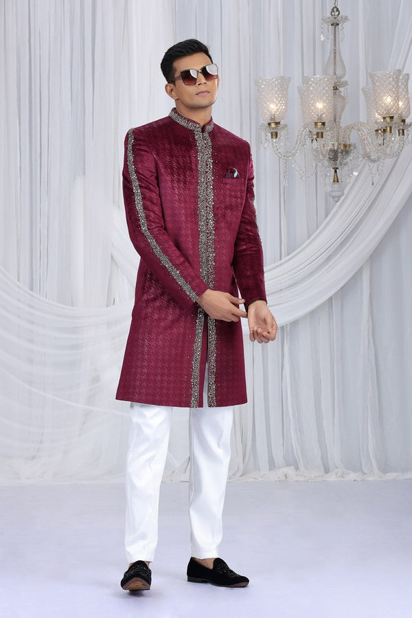 Elegant Navy Blue Color Art Silk Fabric Sherwani