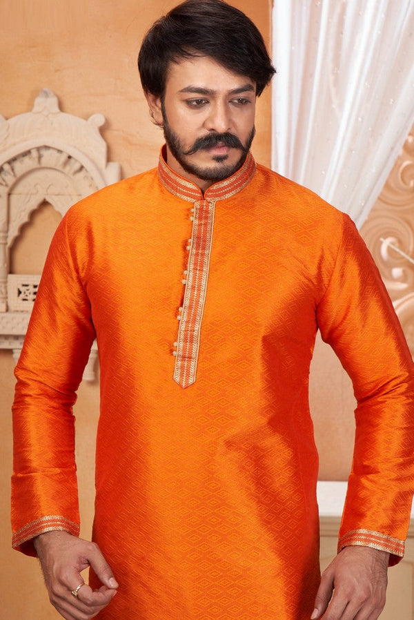 Dazzling Orange Color Jacquard Fabric Kurta Pajama