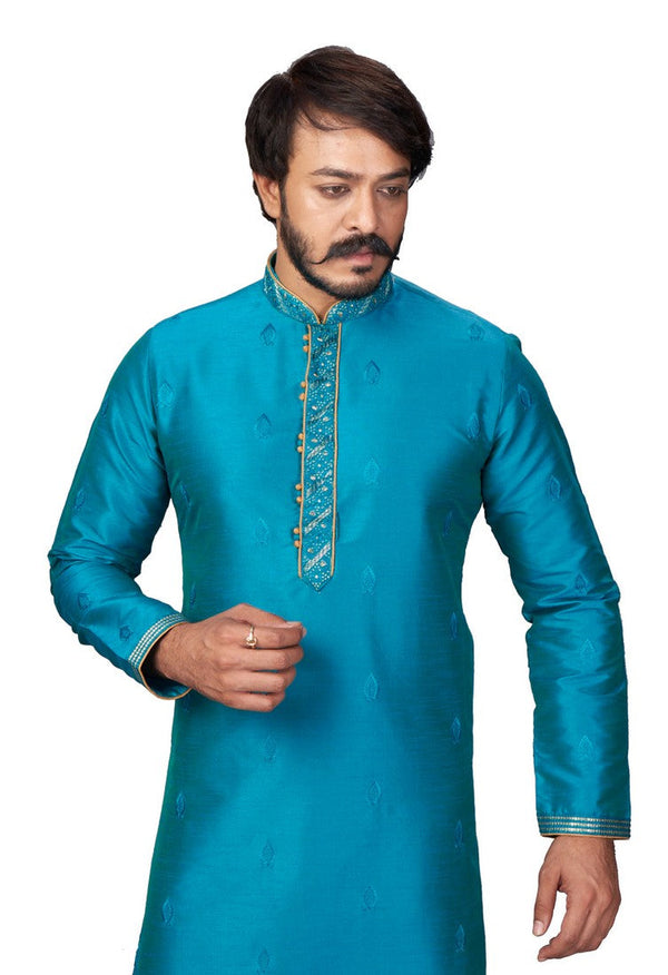 Elegant Turquoise Color Jacquard Fabric Kurta Pajama