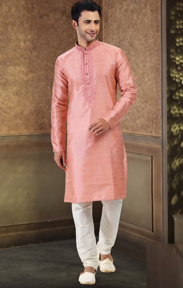 Fabulous Peach Color Jacquard Fabric Kurta Pajama