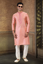 Fabulous Peach Color Jacquard Fabric Kurta Pajama