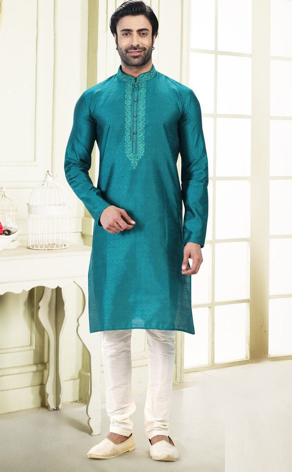 Fabulous Teal Color Jacquard Fabric Kurta Pajama
