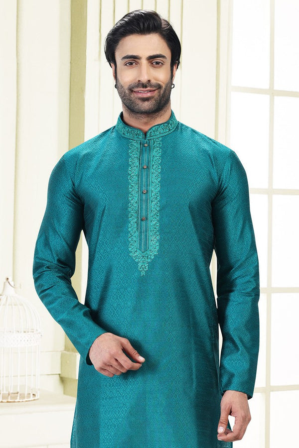 Fabulous Teal Color Jacquard Fabric Kurta Pajama