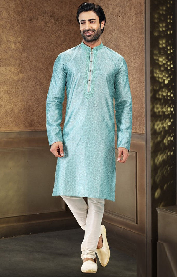 Fabulous Aqua Color Jacquard Fabric Kurta Pajama