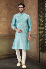 Fabulous Aqua Color Jacquard Fabric Kurta Pajama