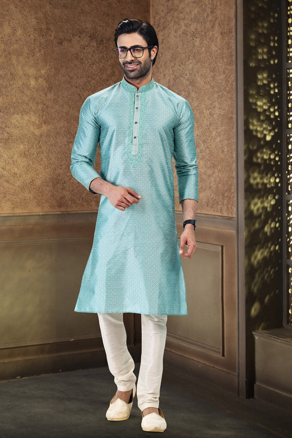 Fabulous Aqua Color Jacquard Fabric Kurta Pajama