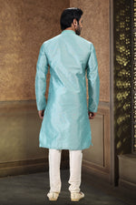 Fabulous Aqua Color Jacquard Fabric Kurta Pajama