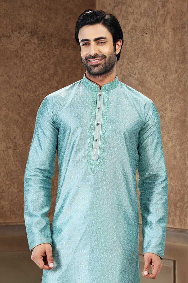 Fabulous Aqua Color Jacquard Fabric Kurta Pajama