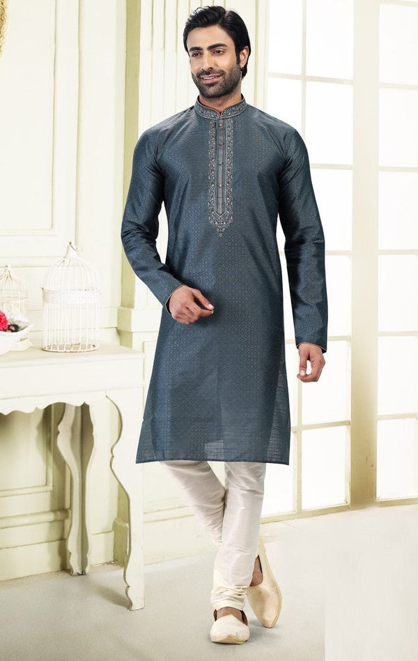 Fabulous Grey Color Jacquard Fabric Kurta Pajama