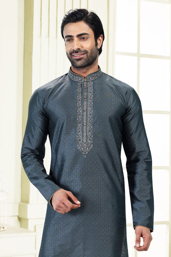 Fabulous Grey Color Jacquard Fabric Kurta Pajama