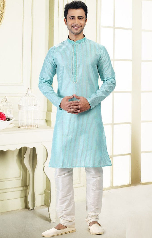 Fabulous Aqua Color Jacquard Fabric Kurta Pajama