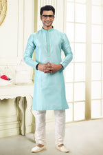 Fabulous Aqua Color Jacquard Fabric Kurta Pajama