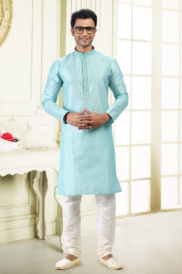 Fabulous Aqua Color Jacquard Fabric Kurta Pajama
