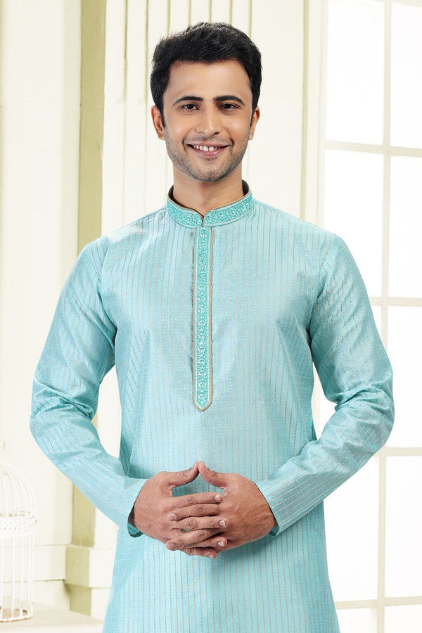Fabulous Aqua Color Jacquard Fabric Kurta Pajama