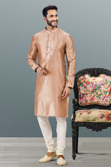 Amazing Peach Color Jacquard Fabric Kurta Pajama
