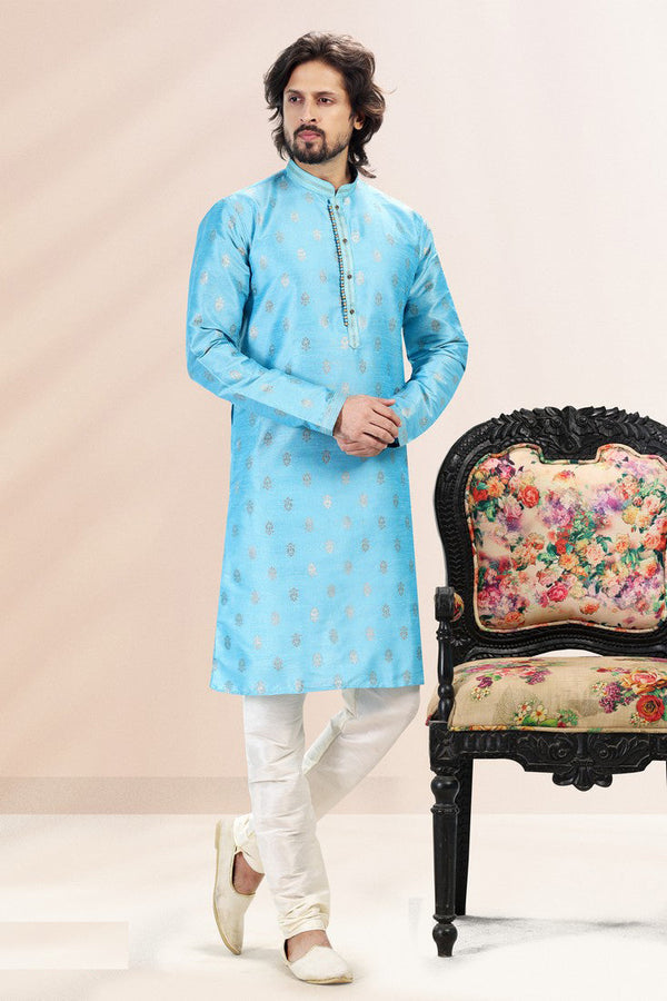 Amazing Blue Color Jacquard Fabric Kurta Pajama