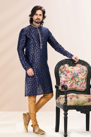 Amazing Navy Blue Color Jacquard Fabric Kurta Pajama